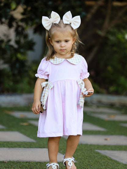 Farm Horse Bow Girls Dress – Pink Stripes