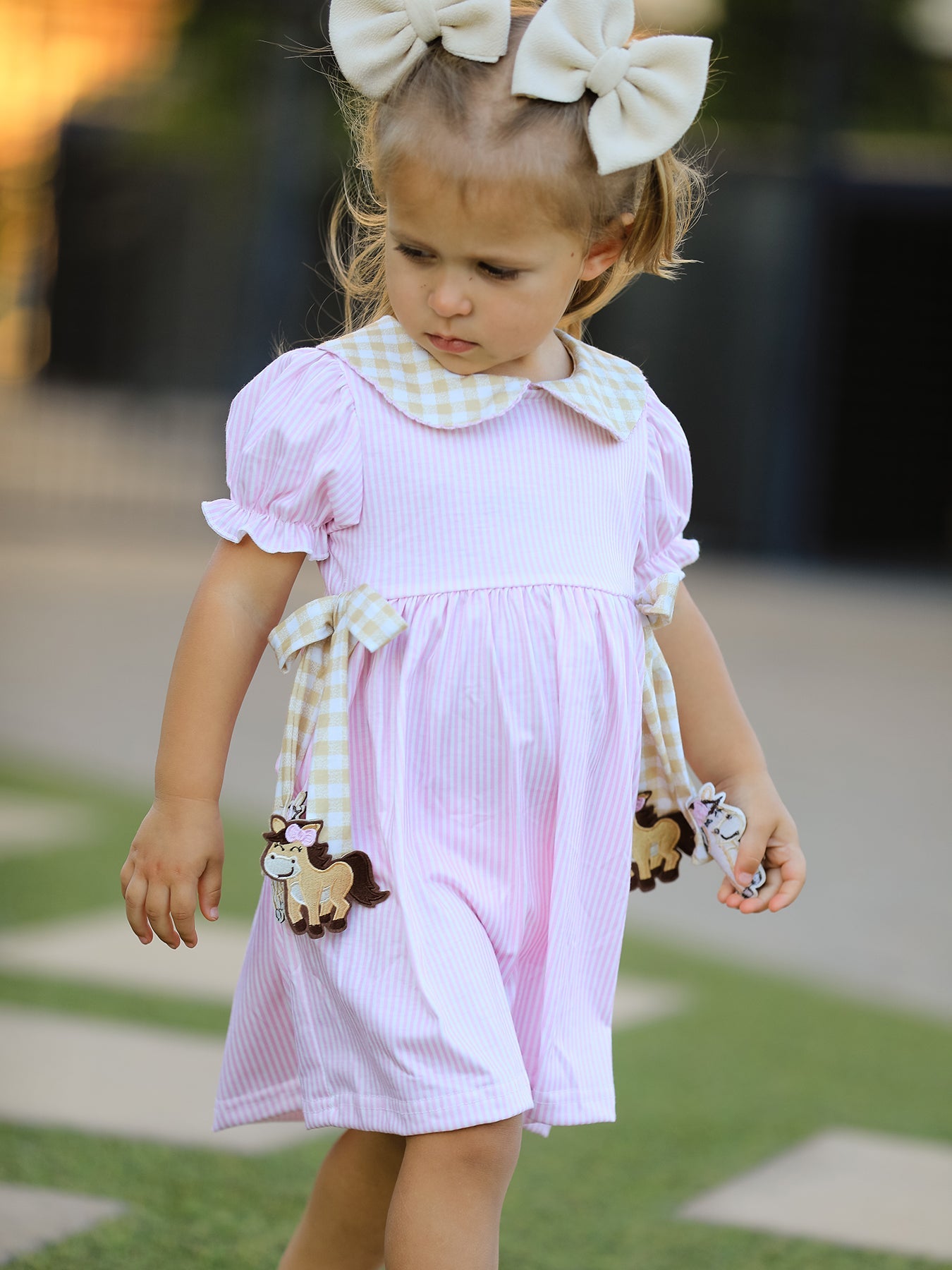 Farm Horse Bow Girls Dress – Pink Stripes