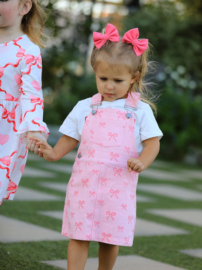 Pink Bow Denim Overall Dress for Girls