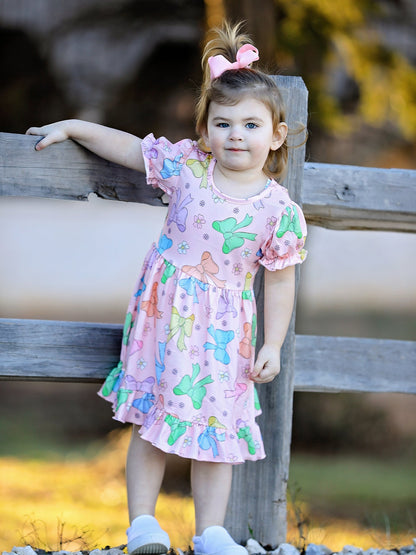 Colorful Bow Print Ruffles Girls Dress
