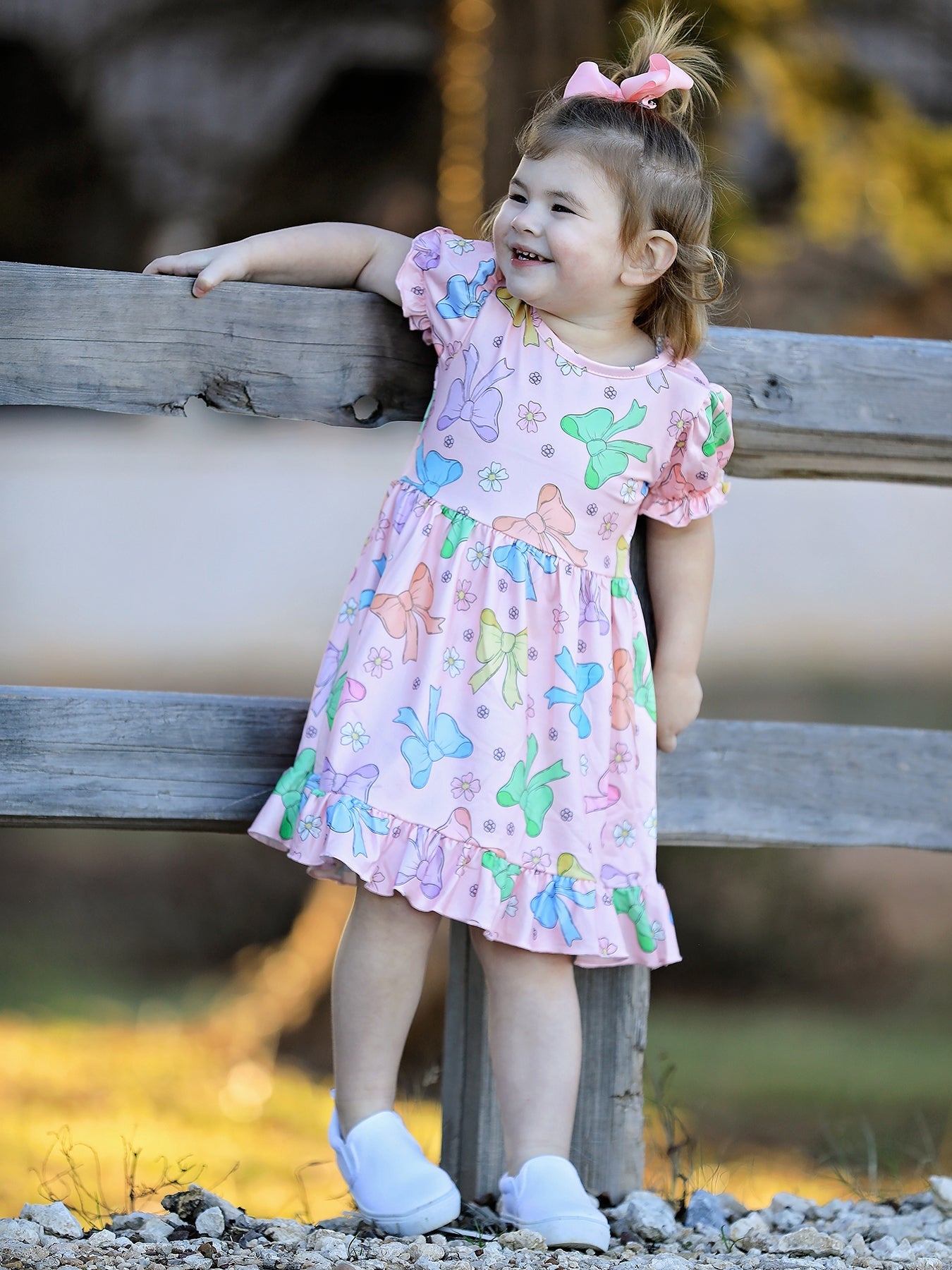 Colorful Bow Print Ruffles Girls Dress