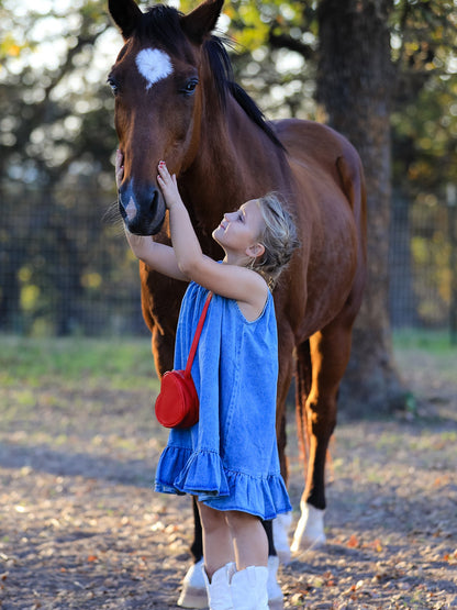Girls Denim Ruffle Trim A-Line Dress