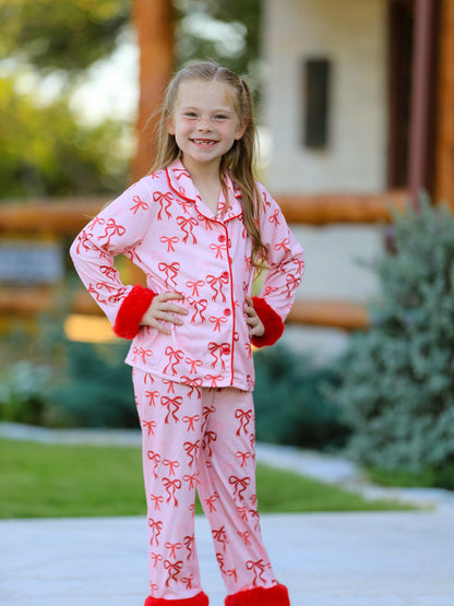Bow Girls Pajama Set with Furry Trim