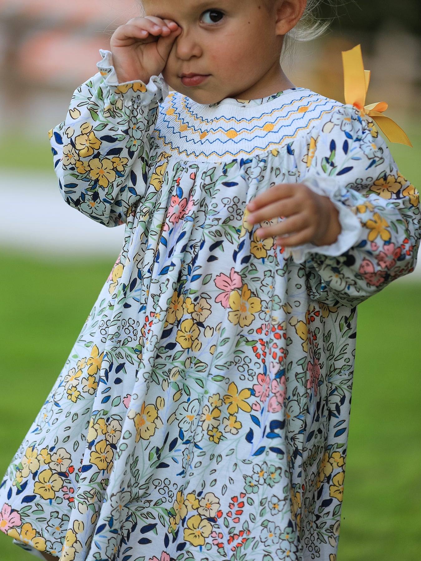 Fall  Embroidery Smocking Bow Floral Leaf Baby Girls Dress