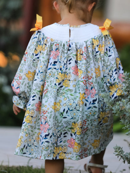 Fall  Embroidery Smocking Bow Floral Leaf Baby Girls Dress
