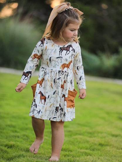 Western Horse Print Long Sleeve Dress