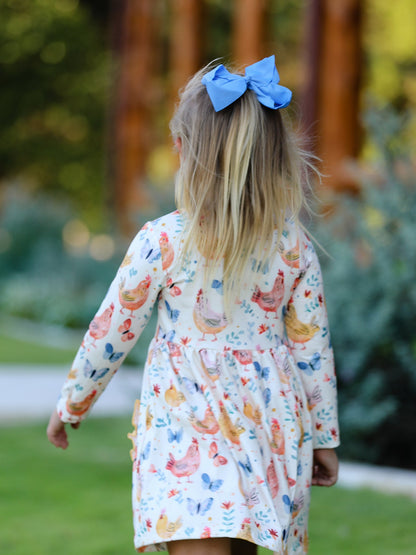 Charming Chicken & Butterfly Girls Dress with Cute Ruffled Pockets