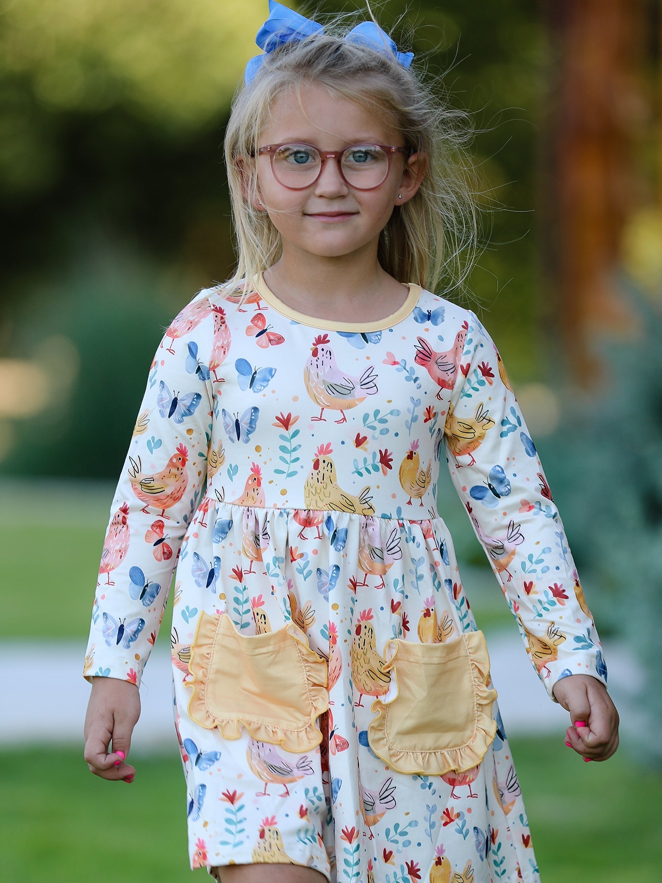 Charming Chicken & Butterfly Girls Dress with Cute Ruffled Pockets